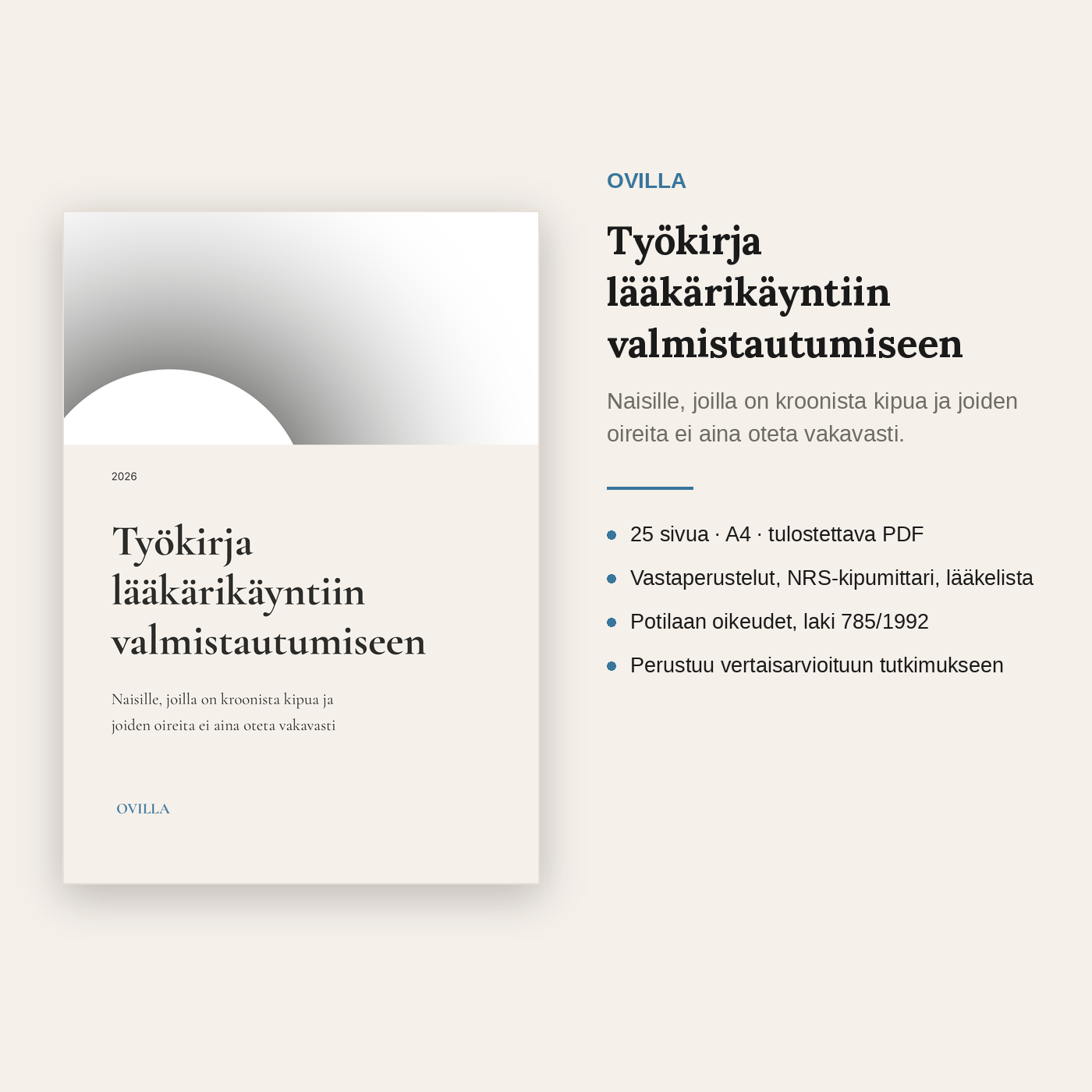 Työkirja lääkärikäyntiin valmistautumiseen — kroonisen kivun kanssa elävälle naiselle | Tulostettava PDF (A4, 25 s.)