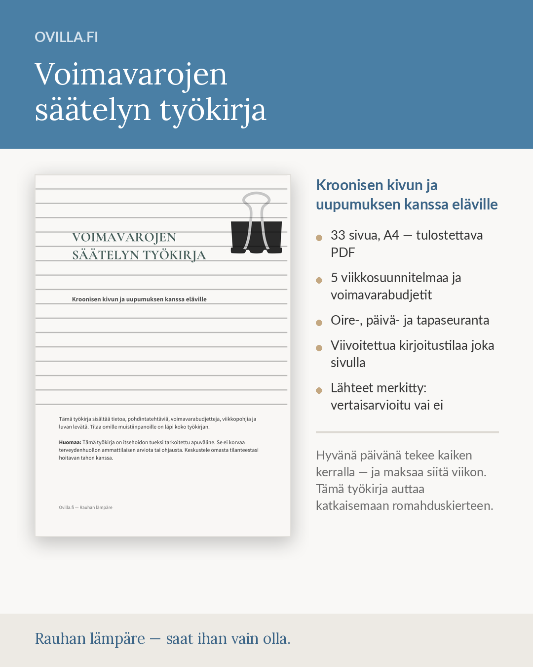 Voimavarojen säätelyn työkirja - Kroonisen kivun ja uupumuksen kanssa eläville | Tulostettava PDF (A4, 33 s.)
